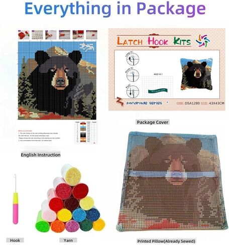 Latch Hook Pillow Kit Black Bear Portrait with Mountain with Pre-Printed Pillow Cover DIY Pillowcase Crochet Yarn Hooking Craft Set for Hobby and Home Decor 43x43cm-6 in Kuwait