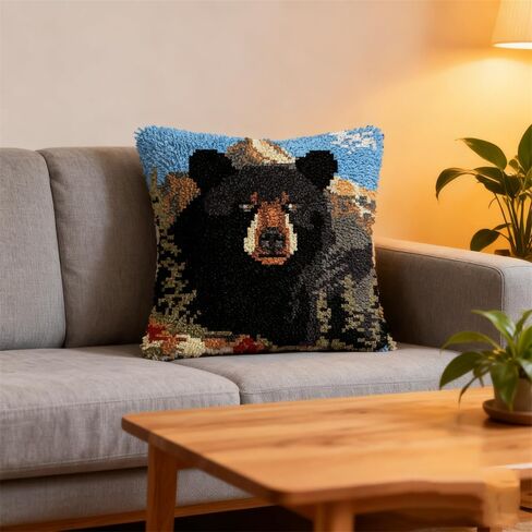 Latch Hook Pillow Kit Black Bear Portrait with Mountain with Pre-Printed Pillow Cover DIY Pillowcase Crochet Yarn Hooking Craft Set for Hobby and Home Decor 43x43cm-6 in Kuwait