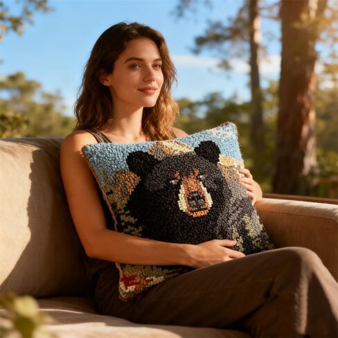 Latch Hook Pillow Kit Black Bear Portrait with Mountain with Pre-Printed Pillow Cover DIY Pillowcase Crochet Yarn Hooking Craft Set for Hobby and Home Decor 43x43cm-6 in Kuwait
