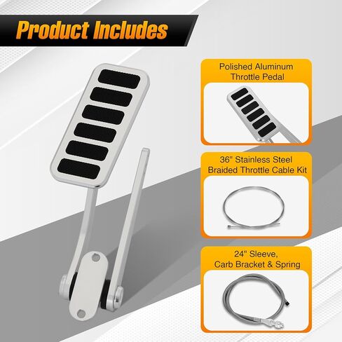 Universal Aluminum Polished Throttle Pedal, 2" x 4-1/2", with Stainless Steel Braided 36" Throttle Cable Kit and 24" Sleeve Cable Carb Bracket in Kuwait