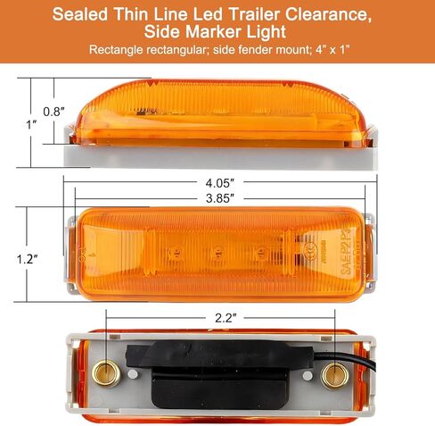 Partswcgg 4Pcs 4" Inch Thin Line LED Trailer Clearance Sealed Side Marker Fender Lights 3 LED w/RV Mounting Base, 4" Rectangular Amber Sealed LED Trailer Light Kit RV Clearance Side Marker Lamps 12V in Kuwait