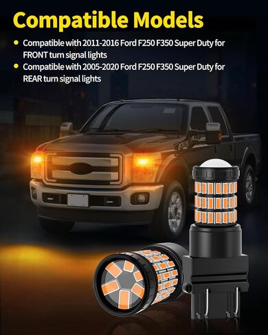 مصابيح LED 3157 3457 4057 باللون الأصفر الكهرمان متوافقة مع Ford 2011-2016 F250 F350 مصابيح إشارة الانعطاف الأمامية فائقة التحمل و2005-2020 F250 F350 مصابيح إشارة الانعطاف الخلفية فائقة التحمل، حزمة من 2 in Kuwait