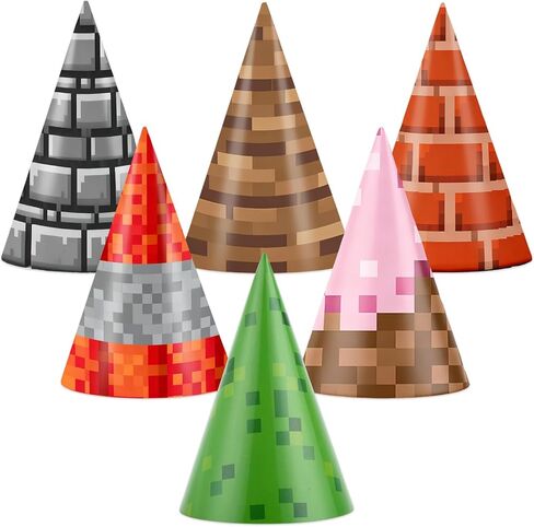24pcs Pixel Video Game Party Hat Mining Birthday Decoration Pixel Game Theme Miner Paper Cone Hat Pixelated Party Headband Mining Adventure Theme Headband for Girls Boys Baby Shower Decoration Favors in Kuwait
