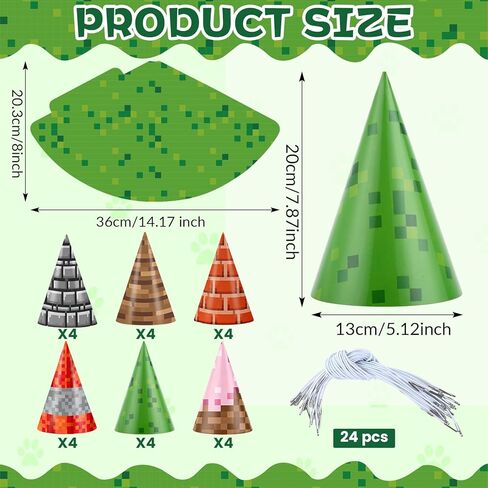 24pcs Pixel Video Game Party Hat Mining Birthday Decoration Pixel Game Theme Miner Paper Cone Hat Pixelated Party Headband Mining Adventure Theme Headband for Girls Boys Baby Shower Decoration Favors in Kuwait