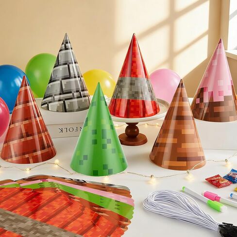 24pcs Pixel Video Game Party Hat Mining Birthday Decoration Pixel Game Theme Miner Paper Cone Hat Pixelated Party Headband Mining Adventure Theme Headband for Girls Boys Baby Shower Decoration Favors in Kuwait