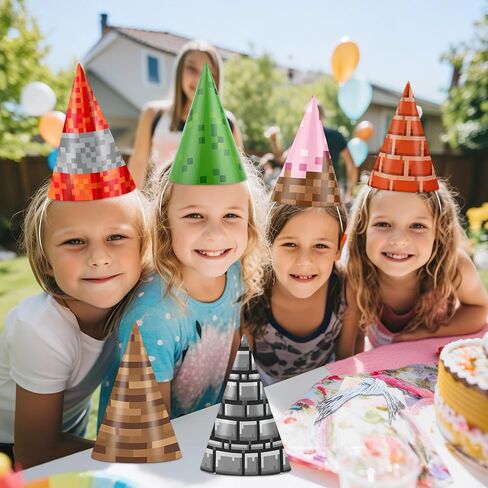 24pcs Pixel Video Game Party Hat Mining Birthday Decoration Pixel Game Theme Miner Paper Cone Hat Pixelated Party Headband Mining Adventure Theme Headband for Girls Boys Baby Shower Decoration Favors in Kuwait