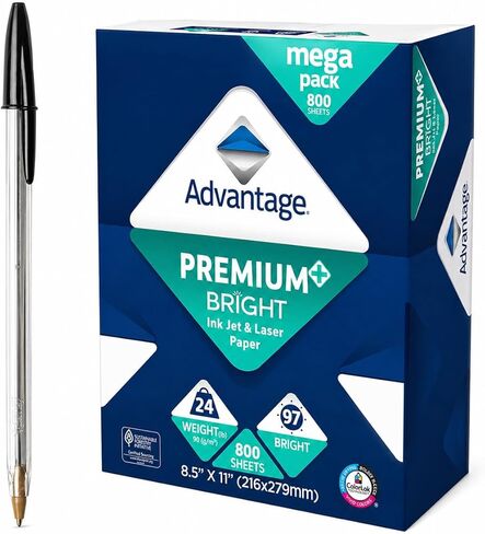 Advantage Premium+ Bright Inkjet and Laser Paper, 8.5x11 Inch, White, 24lb, 97 Bright, 800 Sheets, with Black Pen in Kuwait