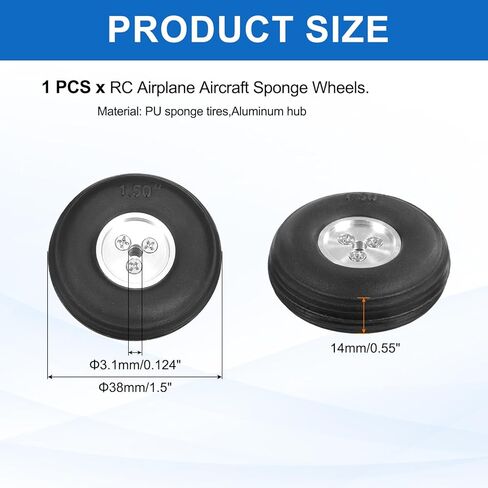 MECCANIXITY RC Airplane Wheels 1.5" OD 0.55" Thickness 0.124" Hole RC Airplane, Aircraft PU Sponge Wheels, Tire Tail Undercarriage RC Foam Replacement Kit for DIY Plane Helicopter, Pack of 1 in Kuwait
