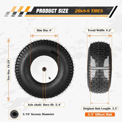 إطارات جزازة العشب مقاس 20 × 8-8 مع حافة (بدون مفتاح)، إطار العشب المطاطي الطبيعي لركوب جزازات العشب | هوائي 4 طبقات لايحتاج | إزاحة 3.5 بوصة | معرف التجويف 3/4 بوصة | سعة 965 جنيه 2 قطعة in Saudi Arabia