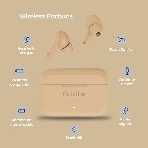 سماعات أذن Cubitt True اللاسلكية الجيل 2، 5.3 بلوتوث، مقاومة الماء IPX5، صوت ممتاز، تحكم باللمس، ميكروفون مدمج، مساعدة صوتية، وضع اللعب للرجال والنساء (بيج) in Saudi Arabia
