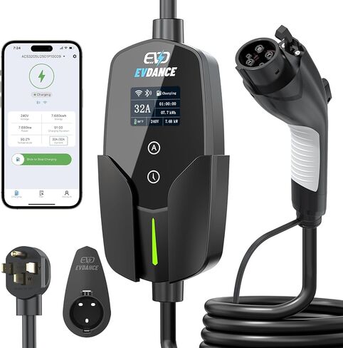 EVDANCE Level 2 EV Charger, 32A 7.68kW Portable Electric Vehicle Charging Station, 25FT Cable, APP Control, Delay Time & Adjustable Current, Fast Home EV Charger Compatible with All J1772 EVs in Kuwait