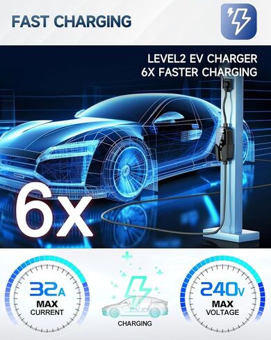 EVDANCE Level 2 EV Charger, 32A 7.68kW Portable Electric Vehicle Charging Station, 25FT Cable, APP Control, Delay Time & Adjustable Current, Fast Home EV Charger Compatible with All J1772 EVs in Kuwait