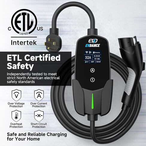 EVDANCE Level 2 EV Charger, 32A 7.68kW Portable Electric Vehicle Charging Station, 25FT Cable, APP Control, Delay Time & Adjustable Current, Fast Home EV Charger Compatible with All J1772 EVs in Kuwait