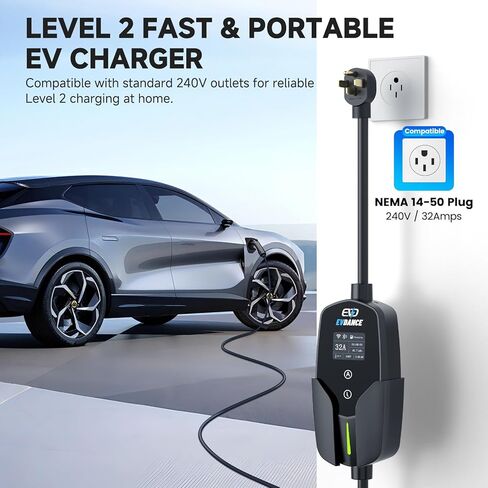 EVDANCE Level 2 EV Charger, 32A 7.68kW Portable Electric Vehicle Charging Station, 25FT Cable, APP Control, Delay Time & Adjustable Current, Fast Home EV Charger Compatible with All J1772 EVs in Kuwait
