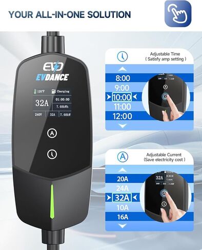 EVDANCE Level 2 EV Charger, 32A 7.68kW Portable Electric Vehicle Charging Station, 25FT Cable, APP Control, Delay Time & Adjustable Current, Fast Home EV Charger Compatible with All J1772 EVs in Kuwait
