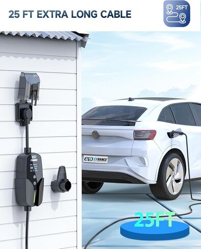 EVDANCE Level 2 EV Charger, 32A 7.68kW Portable Electric Vehicle Charging Station, 25FT Cable, APP Control, Delay Time & Adjustable Current, Fast Home EV Charger Compatible with All J1772 EVs in Kuwait