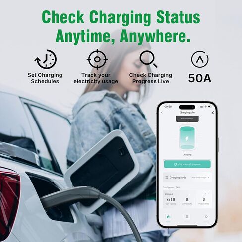 شاحن كاليون المستوى 2 EV - شاحن مثبت على الحائط مع كابل 25 قدم - محطة شحن السيارة الكهربائية لـ J1772 EVs، 50 أمبير، محطة شحن السيارة الكهربائية واي فاي 240 فولت، سلك صلب للسيارة الكهربائية in Kuwait