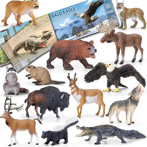 13 Pcs North American Forest Animal Figure Set with Educational Booklet and Gift Box, Realistic Plastic Animals Toy for Kids, Jungle Theme Party Favor, Cake Topper, Birthday Gift for Toddler Boy Girl in Kuwait