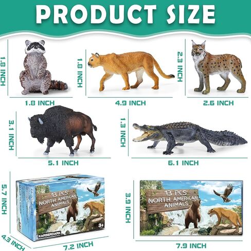 13 Pcs North American Forest Animal Figure Set with Educational Booklet and Gift Box, Realistic Plastic Animals Toy for Kids, Jungle Theme Party Favor, Cake Topper, Birthday Gift for Toddler Boy Girl in Kuwait