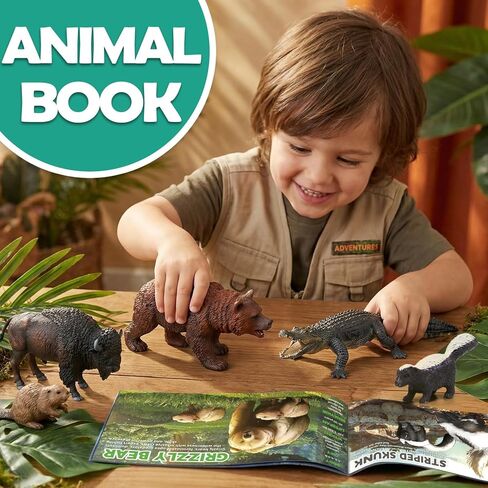 13 Pcs North American Forest Animal Figure Set with Educational Booklet and Gift Box, Realistic Plastic Animals Toy for Kids, Jungle Theme Party Favor, Cake Topper, Birthday Gift for Toddler Boy Girl in Kuwait
