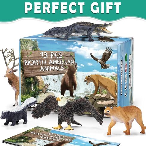 13 Pcs North American Forest Animal Figure Set with Educational Booklet and Gift Box, Realistic Plastic Animals Toy for Kids, Jungle Theme Party Favor, Cake Topper, Birthday Gift for Toddler Boy Girl in Kuwait