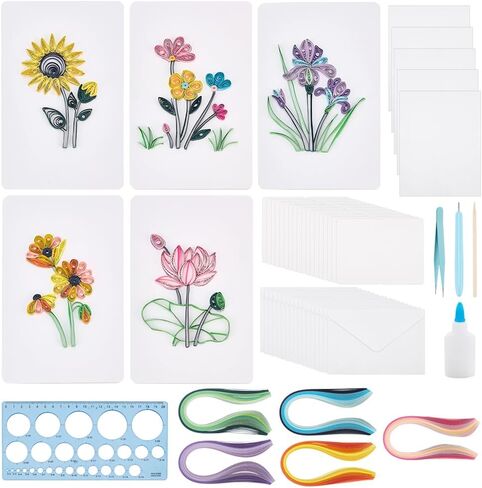 WEBEEDY 20 Sets Paper Quilling Kits 5 Styles Flower Card Making Kit with Instruction for Adult Beginner Handmade 3D Sunflower Lotus Tulip Paper Quilling Cards for Christmas Birthday Wedding Decor in Kuwait