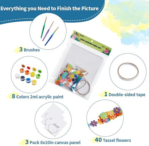 DIY Vase Pre Drawn Canvas Painting Kit, 3-Pack 8x10 Inch Canvas Panels, 40 Tassel Flowers, 8 Acrylic Paints, 3 Brushes & Double-Sided Tape, Creative Art Kit for DIY Projects & Crafting Fun in Kuwait