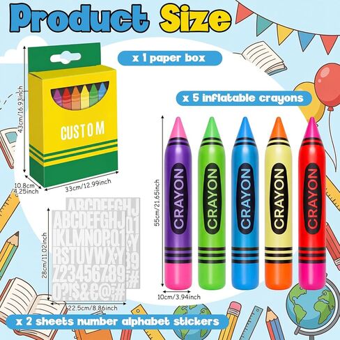 10 Pcs Inflatable Crayons Balloons with Paper Box Number Alphabet Stickers Colorful 21.7 Inch Neon Blow up Crayon Welcome Back to School Party Decorations Classroom Birthday Photo Booth Props in Kuwait