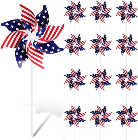 4th of July Decorations Pinwheels,12 Pack Red White Blue American Flag Pinwheels, Garden Wind Spinners Pinwheel Yard Outdoor Decor, Memorial Day Independence Day Party Supplies in Kuwait