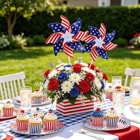 4th of July Decorations Pinwheels,12 Pack Red White Blue American Flag Pinwheels, Garden Wind Spinners Pinwheel Yard Outdoor Decor, Memorial Day Independence Day Party Supplies in Kuwait