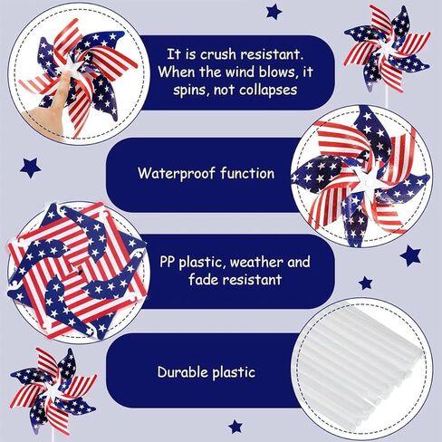 4th of July Decorations Pinwheels,12 Pack Red White Blue American Flag Pinwheels, Garden Wind Spinners Pinwheel Yard Outdoor Decor, Memorial Day Independence Day Party Supplies in Kuwait