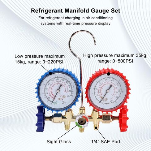 POCREATION AC Manifold Gauge Set, for R134a R22 R12 R502 Refrigerant Diagnostic Kit Dual Gauge Automotive and Home AC Diagnostic Tool in Kuwait