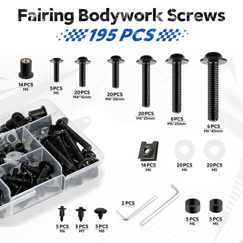 195PCS Motorcycle Fairing Bolt Kits, 304 Stainless Steel M5 M6 Motorcycle Windscreen Screws Black Fasteners Fairing Bolts Nut Clips Kit for Kawasaki Suzuki GSXR Honda Ducati Yamaha BMW (195) in Kuwait