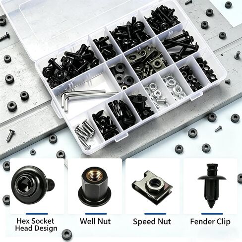 195PCS Motorcycle Fairing Bolt Kits, 304 Stainless Steel M5 M6 Motorcycle Windscreen Screws Black Fasteners Fairing Bolts Nut Clips Kit for Kawasaki Suzuki GSXR Honda Ducati Yamaha BMW (195) in Kuwait