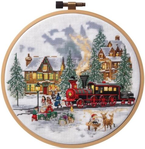 Beginner DIY Stamped Cross Stitch Kit with Embroidery Hoop Pre-Printed Pattern Christmas Town and Train DIY Needlepoint Craft Kit for Adults Includes All Supplies Wall Art Decor Gift 33x33cm (r161) in Kuwait