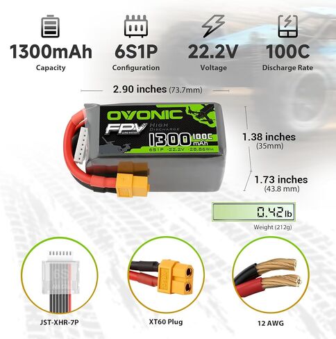 بطارية ليبو OVONIC 6S 1300 مللي أمبير في الساعة 22.2 فولت 100C مع قابس XT60 لشاحنة سيارة RC ومركبات RC وقارب بدون طيار وطائرة هليكوبتر وطائرة هليكوبتر FPV نماذج هواية السباق [عبوة واحدة تتضمن 4 بطاريات] in Kuwait