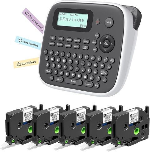 صانع الملصقات D210S مع 5PK شريط أبيض 12 مم مقاوم للماء، آلة ملصقات محمولة مع لوحة مفاتيح تعمل بالطاقة من النوع C، رموز متعددة لهدايا الأطفال في المدارس التجارية الصغيرة في المنزل، رمادي in Kuwait