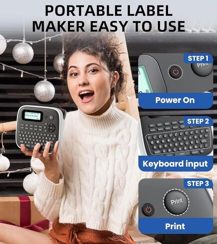 صانع الملصقات D210S مع 5PK شريط أبيض 12 مم مقاوم للماء، آلة ملصقات محمولة مع لوحة مفاتيح تعمل بالطاقة من النوع C، رموز متعددة لهدايا الأطفال في المدارس التجارية الصغيرة في المنزل، رمادي in Kuwait