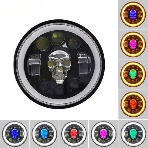 مصباح أمامي LED للدراجة النارية مقاس 7 بوصة، مصباح أمامي دائري ملون بنمط جمجمة مع شعاع عالٍ/منخفض إشارة الانعطاف DRL وإضاءة LED أمامية in Kuwait