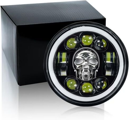 5.75 Inch Motorcycle LED Headlight 1PCS, Skull Pattern Colorful Angel Eye Round Headlamp with High/Low Beam Turn Signal DRL and Light LED Headlight in Kuwait