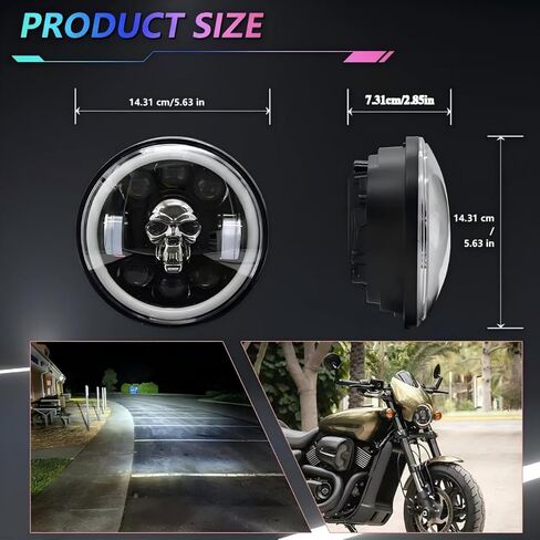 5.75 Inch Motorcycle LED Headlight 1PCS, Skull Pattern Colorful Angel Eye Round Headlamp with High/Low Beam Turn Signal DRL and Light LED Headlight in Kuwait