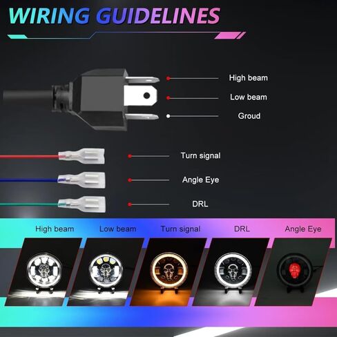 5.75 Inch Motorcycle LED Headlight 1PCS, Skull Pattern Colorful Angel Eye Round Headlamp with High/Low Beam Turn Signal DRL and Light LED Headlight in Kuwait