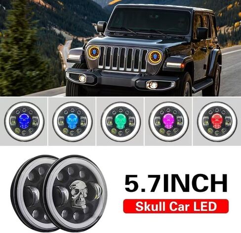 5.75 Inch Motorcycle LED Headlight 1PCS, Skull Pattern Colorful Angel Eye Round Headlamp with High/Low Beam Turn Signal DRL and Light LED Headlight in Kuwait