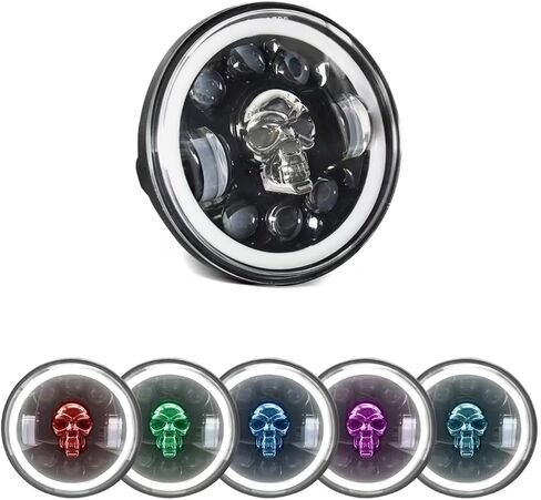 5.75 Inch Motorcycle LED Headlight 1PCS, Skull Pattern Colorful Angel Eye Round Headlamp with High/Low Beam Turn Signal DRL and Light LED Headlight in Kuwait