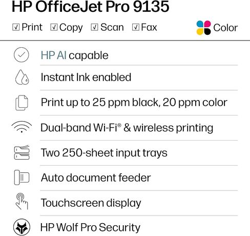 طابعة HP OfficeJet Pro 9135 اللاسلكية الكل في واحد نافثة للحبر الملونة، الطباعة، المسح الضوئي، النسخ، الفاكس، ADF، الطباعة/المسح الضوئي على الوجهين، الأفضل للمكتب، تجربة 3 أشهر من الحبر الفوري، قادرة على الذكاء الاصطناعي (C2WM0A) in Kuwait