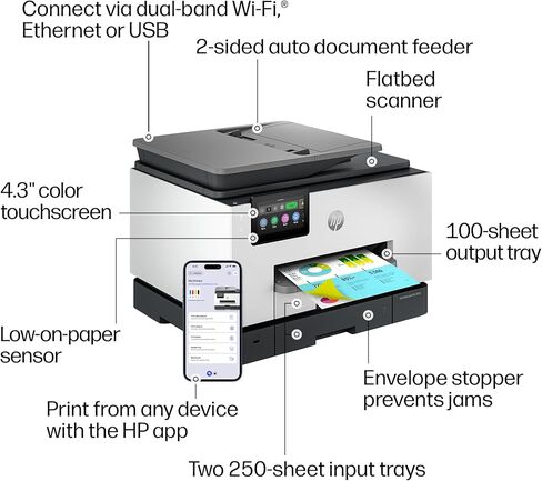 طابعة HP OfficeJet Pro 9135 اللاسلكية الكل في واحد نافثة للحبر الملونة، الطباعة، المسح الضوئي، النسخ، الفاكس، ADF، الطباعة/المسح الضوئي على الوجهين، الأفضل للمكتب، تجربة 3 أشهر من الحبر الفوري، قادرة على الذكاء الاصطناعي (C2WM0A) in Kuwait