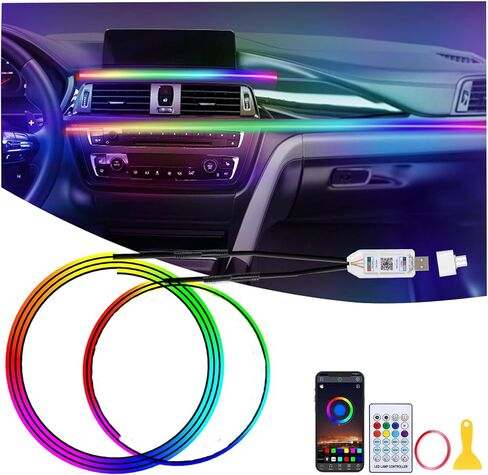2 in 1 Acrylic Car LED Lights Interior, RGB Ambient Llighting Car Kit with 168 LEDs, 16 Million Colors, Music Sync, App & USB & Remote Dashboard Ambient Lighting for Car in Kuwait
