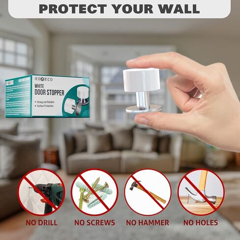 Door Stoppers 2-Pack with Extra Stickers - Two Self-Adhesive White Rubber Door Stops - Heavy Duty Stainless Steel Body with Sound Dampening Bumper Top - Ideal for Home and Office Use in Kuwait