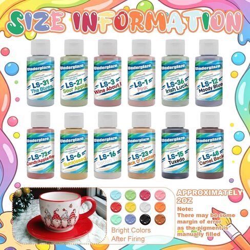Lounsweer 12 Assorted 2 oz Underglaze Set Creative Ceramic Glaze Application Kit Glaze Ceramics Kit of 12 Colors for Bisque Fired Pottery Artists Ceramics Pottery Crafts in Kuwait