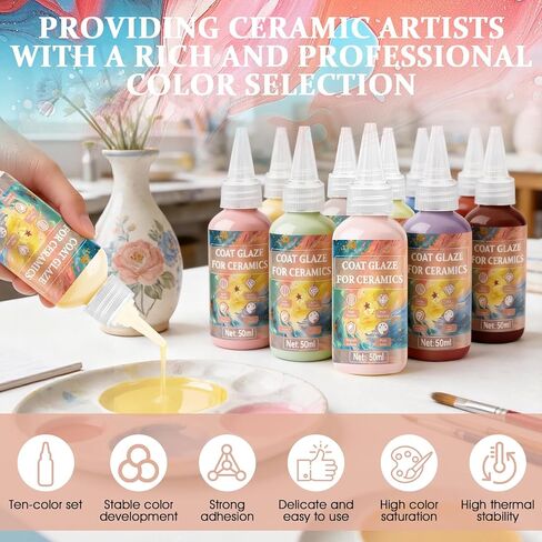 مجموعة JAOJAO Underglaze للسيراميك، 10 ألوان كلاسيكية (50 مل/1.7 أونصة)، طلاء فخار ثابت متوسط ​​النار (1180-1260 درجة مئوية)، طلاء سيراميك عالي التشبع للبيسك - 10 عبوات in Kuwait